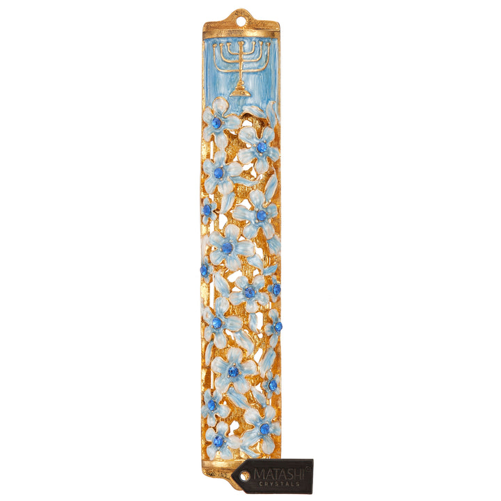 Matashi Hand Painted 5.5" Blue and Ivory Enamel Flower Mezuzah Embellished w/ Gold Accents,Menorah Design and fine Image 2