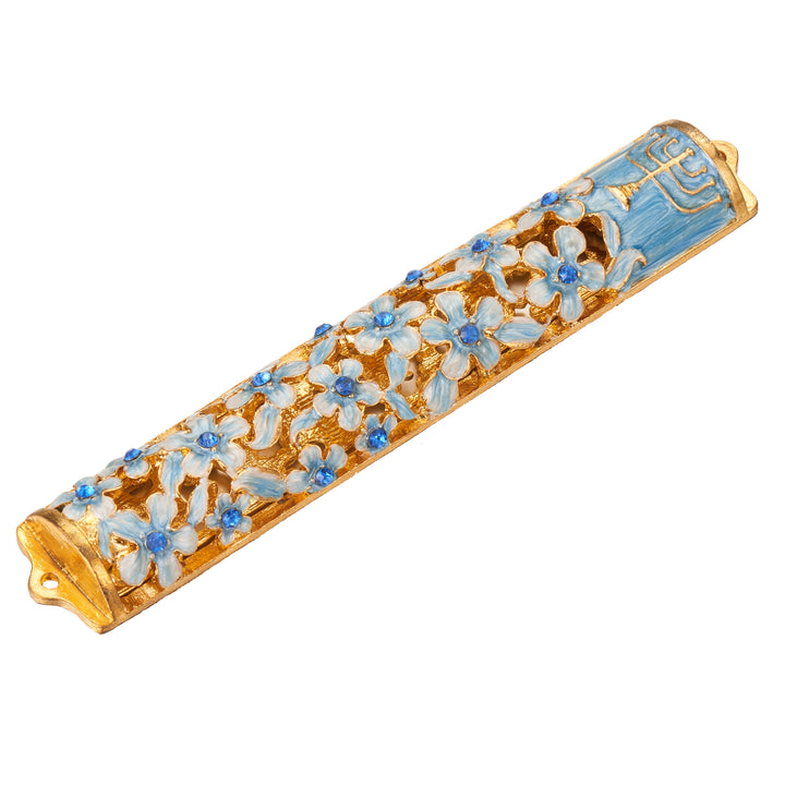 Matashi Hand Painted 5.5" Blue and Ivory Enamel Flower Mezuzah Embellished w/ Gold Accents,Menorah Design and fine Image 3