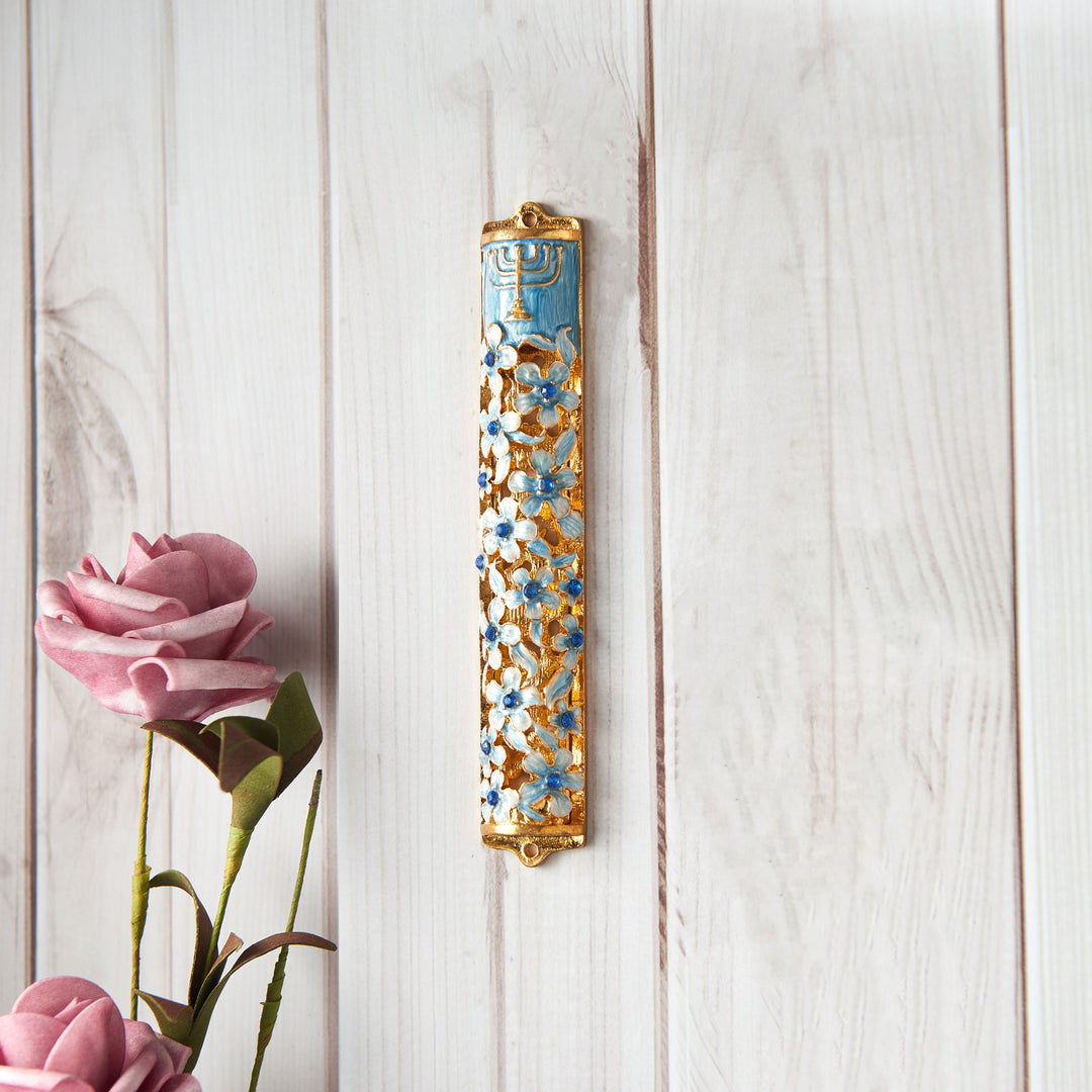 Matashi Hand Painted 5.5" Blue and Ivory Enamel Flower Mezuzah Embellished w/ Gold Accents,Menorah Design and fine Image 4