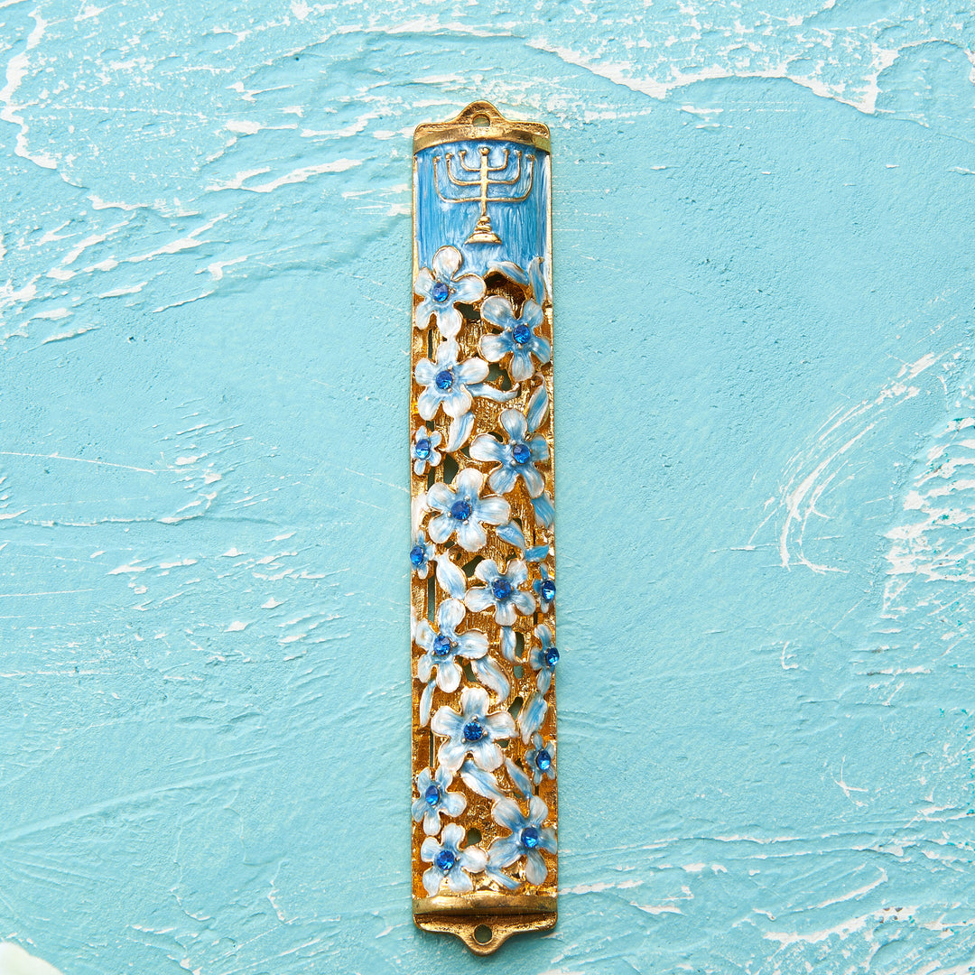 Matashi Hand Painted 5.5" Blue and Ivory Enamel Flower Mezuzah Embellished w/ Gold Accents,Menorah Design and fine Image 5