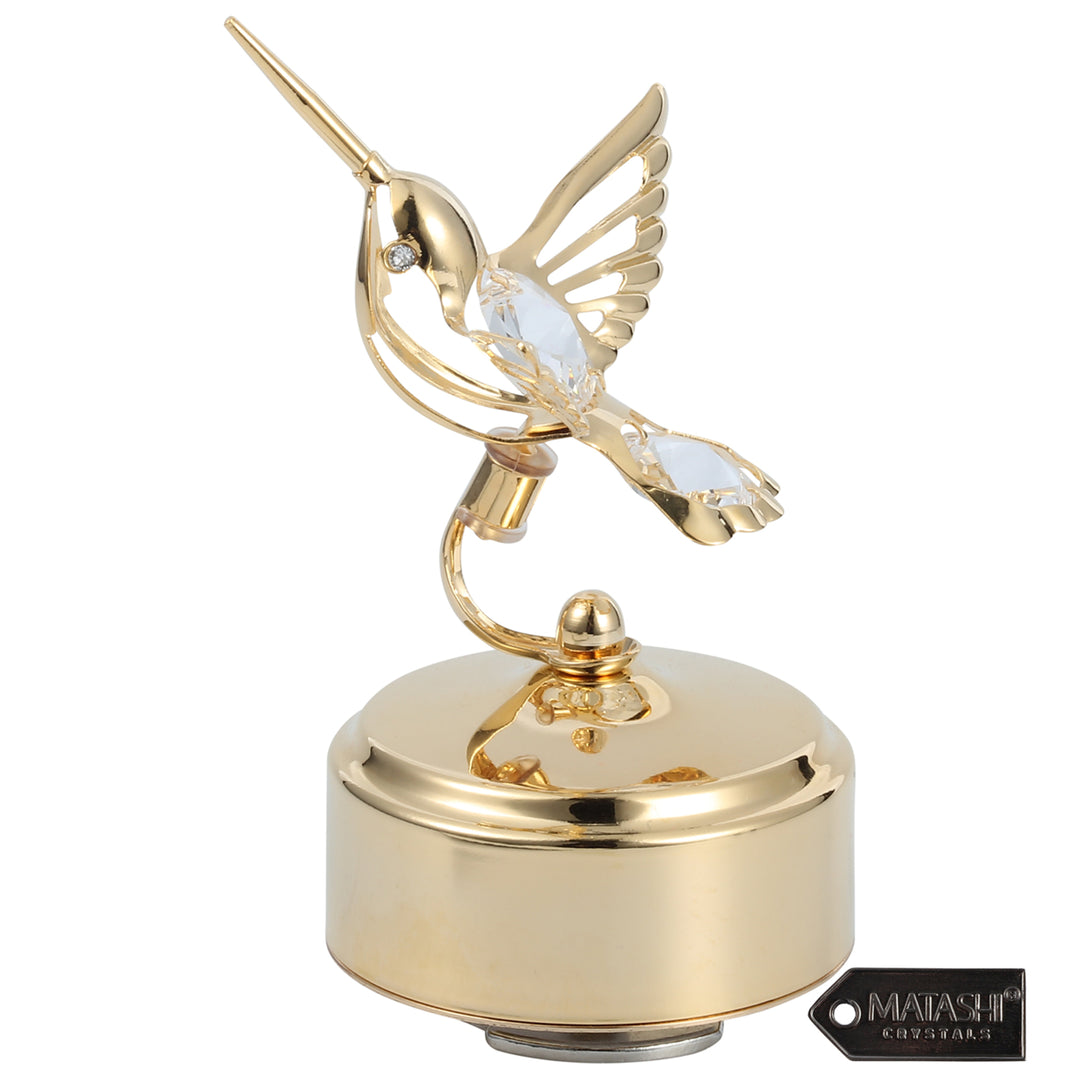 Matashi 24K Gold Plated Music Box with Crystal Studded Bee-Hummingbird Figurine - Memory Image 1