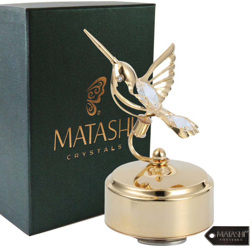 Matashi 24K Gold Plated Music Box with Crystal Studded Bee-Hummingbird Figurine - Memory Image 2