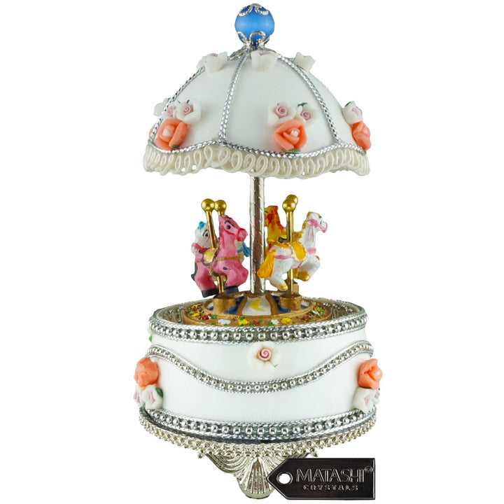 Matashi Carousel Faberge Egg Music Box Plays Swan Lake with Flowers and Silver Accent,Elegant Table Top Ornament w/ Image 1