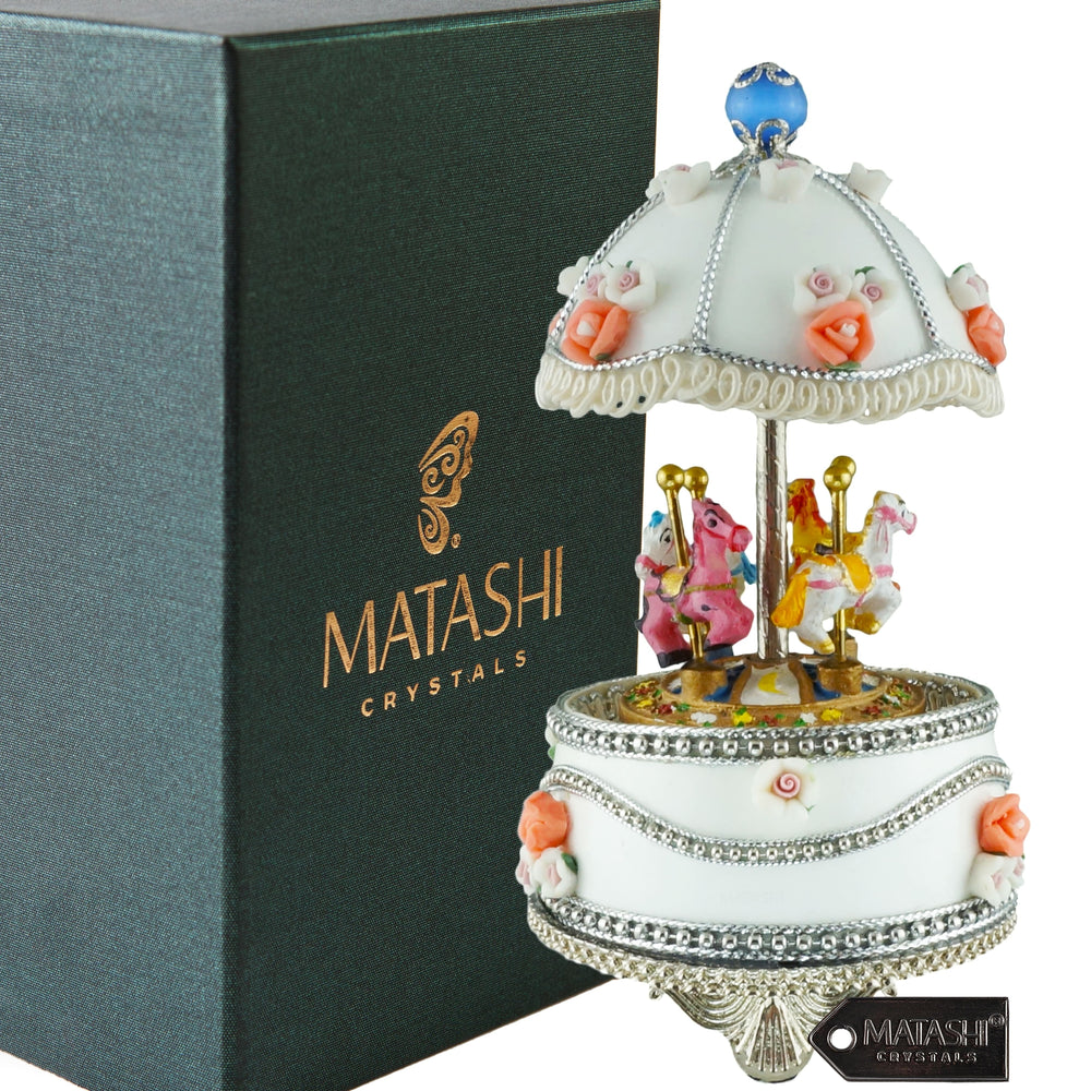 Matashi Carousel Faberge Egg Music Box Plays Swan Lake with Flowers and Silver Accent,Elegant Table Top Ornament w/ Image 2