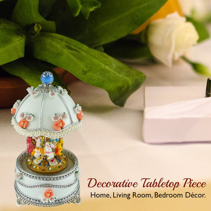 Matashi Carousel Faberge Egg Music Box Plays Swan Lake with Flowers and Silver Accent,Elegant Table Top Ornament w/ Image 3