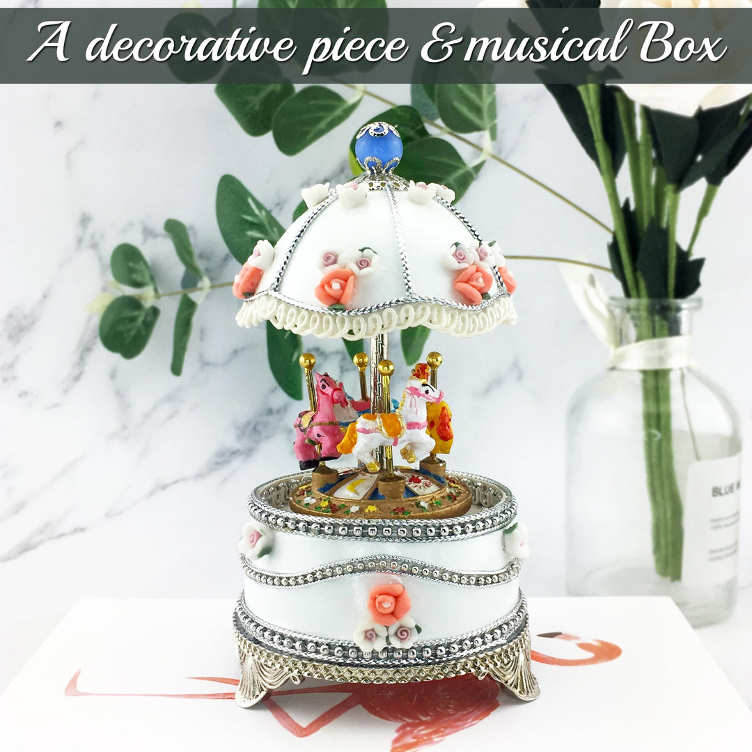 Matashi Carousel Faberge Egg Music Box Plays Swan Lake with Flowers and Silver Accent,Elegant Table Top Ornament w/ Image 5