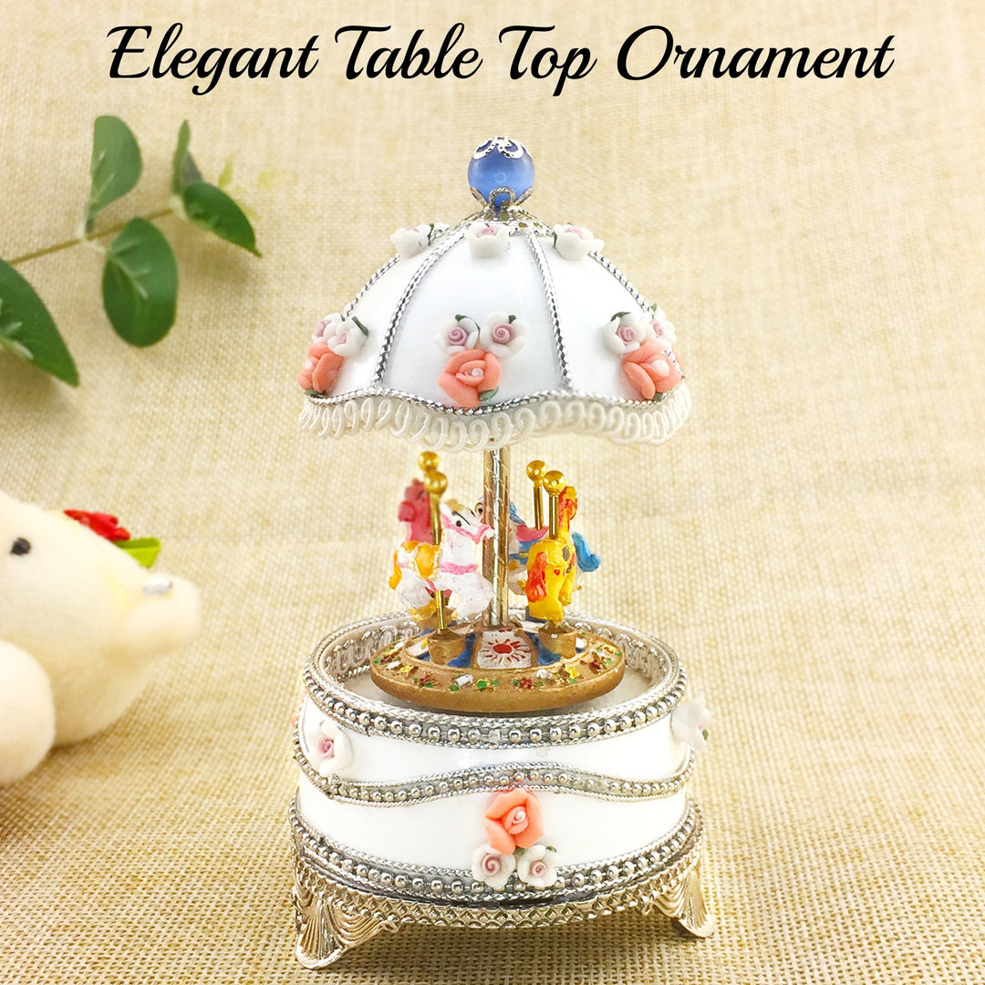 Matashi Carousel Faberge Egg Music Box Plays Swan Lake with Flowers and Silver Accent,Elegant Table Top Ornament w/ Image 6