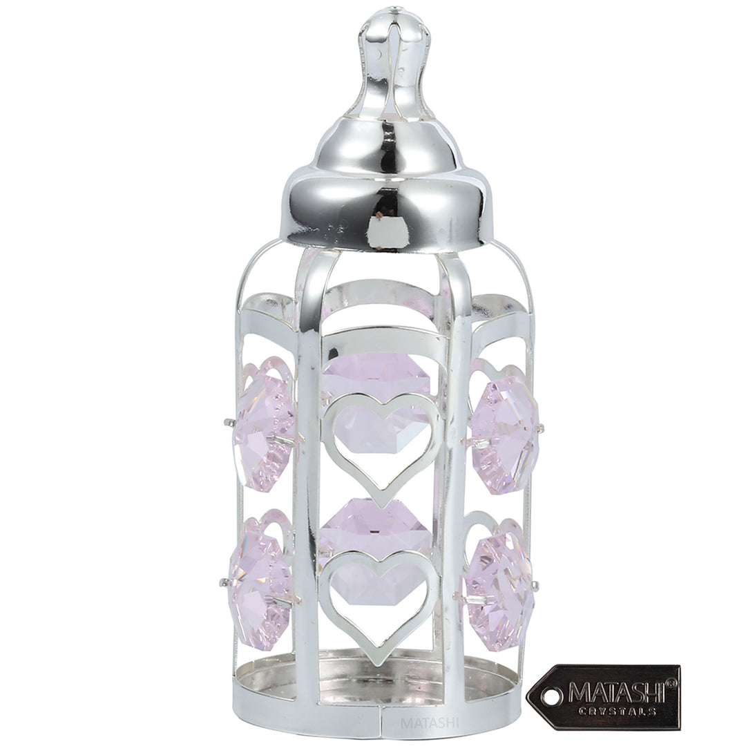 Matashi Silver Plated Crystal Studded Baby Bottle Ornament with Light Pink Crystals Decorative Tabletop Showpiece Gift Image 1