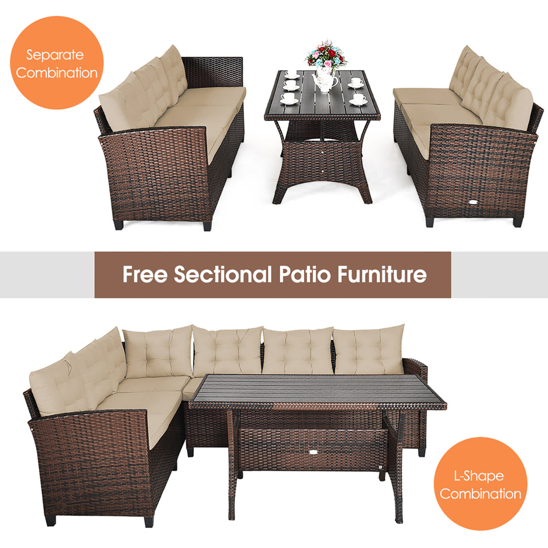 3PCS Rattan Dining Set Patio Furniture 6 Seats Sofa Cushioned Image 6