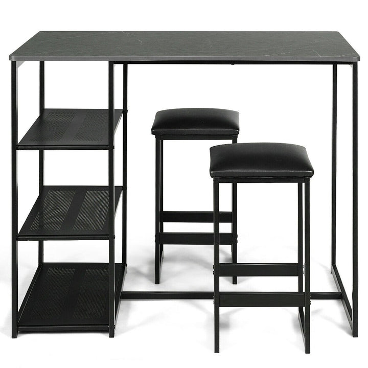 3 Piece Pub Set w/ Faux Marble Top Bar Table and 2 Stools Dining Set Industrial Image 1