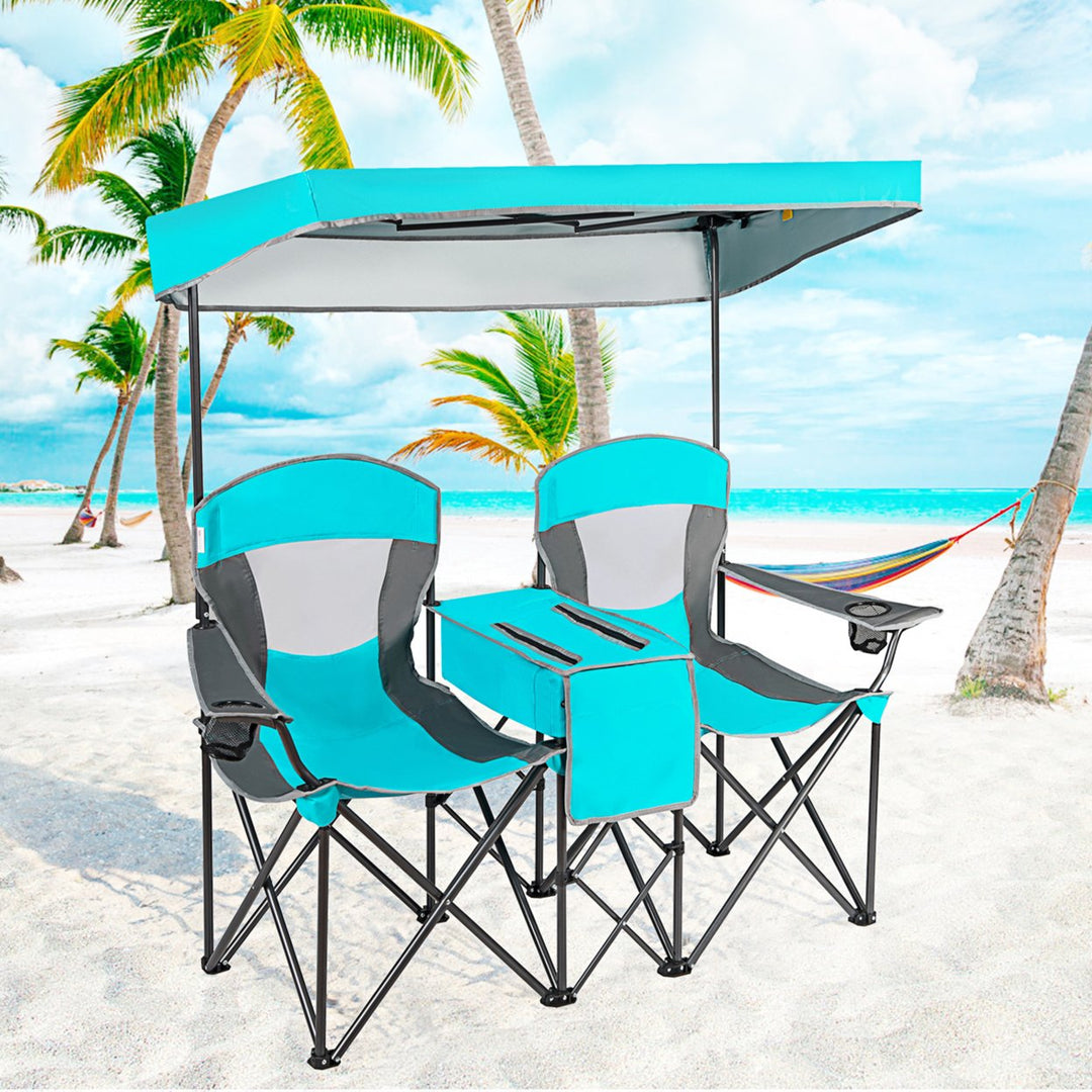 Folding 2-person Camping Chairs Double Sunshade Chairs w/ Canopy Blue/Turquoise/Red Image 4