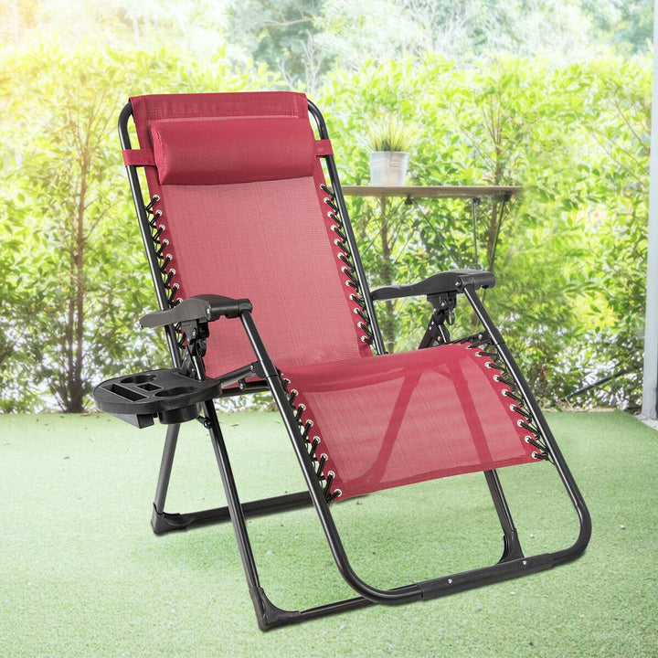 Gymax Folding Zero Gravity Lounge Chair Recliner w/ Cup Holder Tray Pillow Image 1