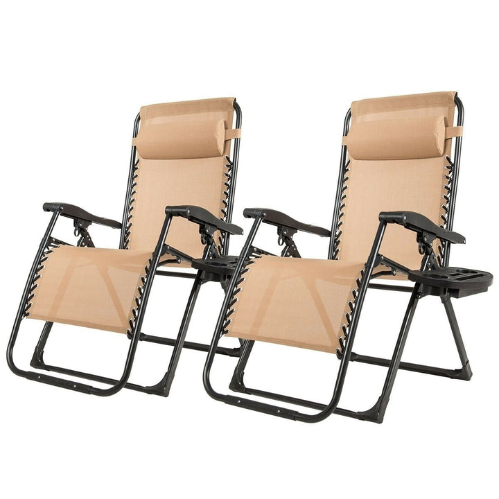 2PCS Folding Zero Gravity Lounge Chair Recliner w/ Cup Holder Pillow Image 6