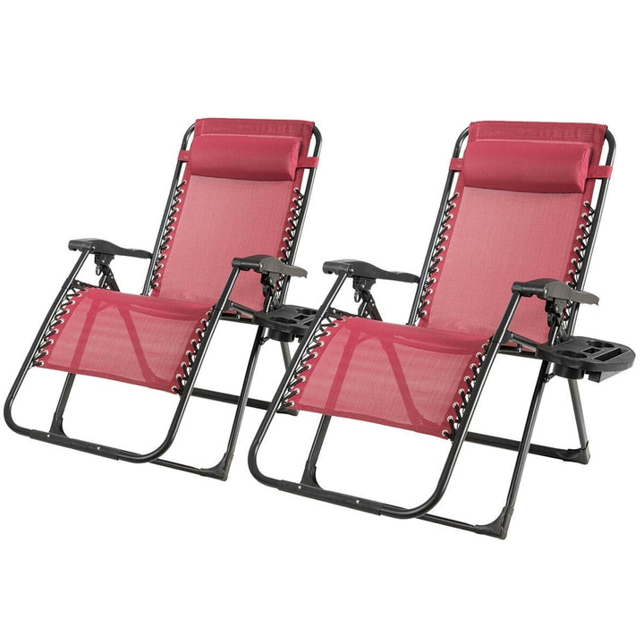 2PCS Folding Zero Gravity Lounge Chair Recliner w/ Cup Holder Pillow Image 7