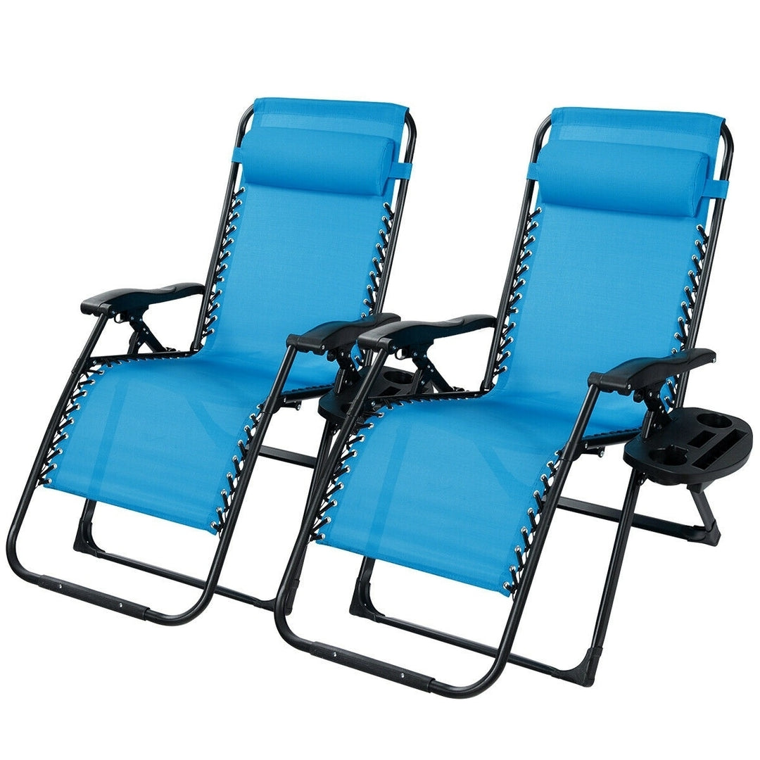 2PCS Folding Zero Gravity Lounge Chair Recliner w/ Cup Holder Pillow Image 8