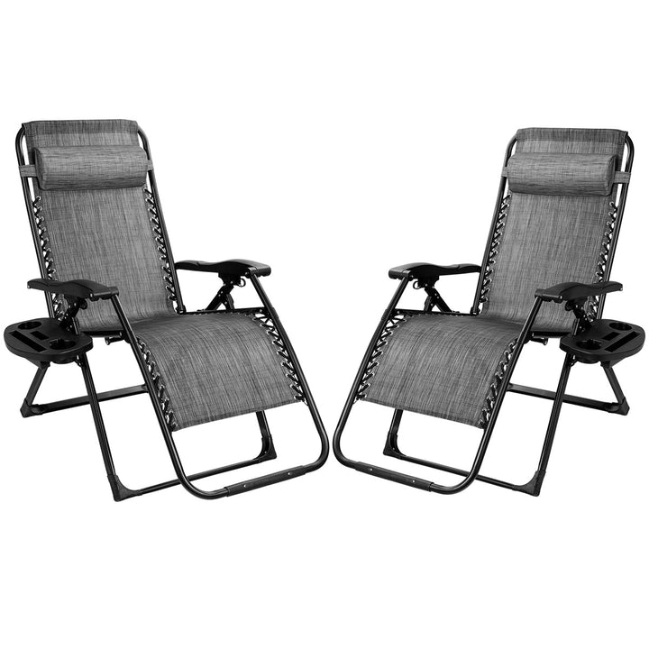 2PCS Folding Zero Gravity Lounge Chair Recliner w/ Cup Holder Pillow Image 9