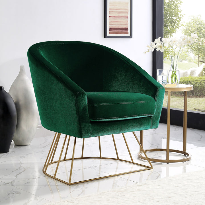Beatriz Velvet Accent Chair-Gold Metal Base-Barrel Shaped Back-Upholstered Button Tufted-Inspired Home Image 6