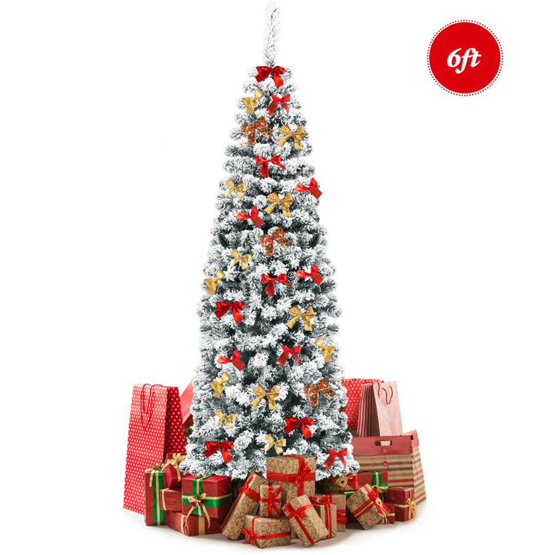 6ft Snow Flocked Pencil Christmas Tree Artificial Pine Tree w/ Metal Stand Image 1