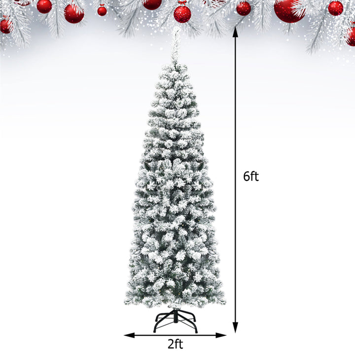 6ft Snow Flocked Pencil Christmas Tree Artificial Pine Tree w/ Metal Stand Image 2