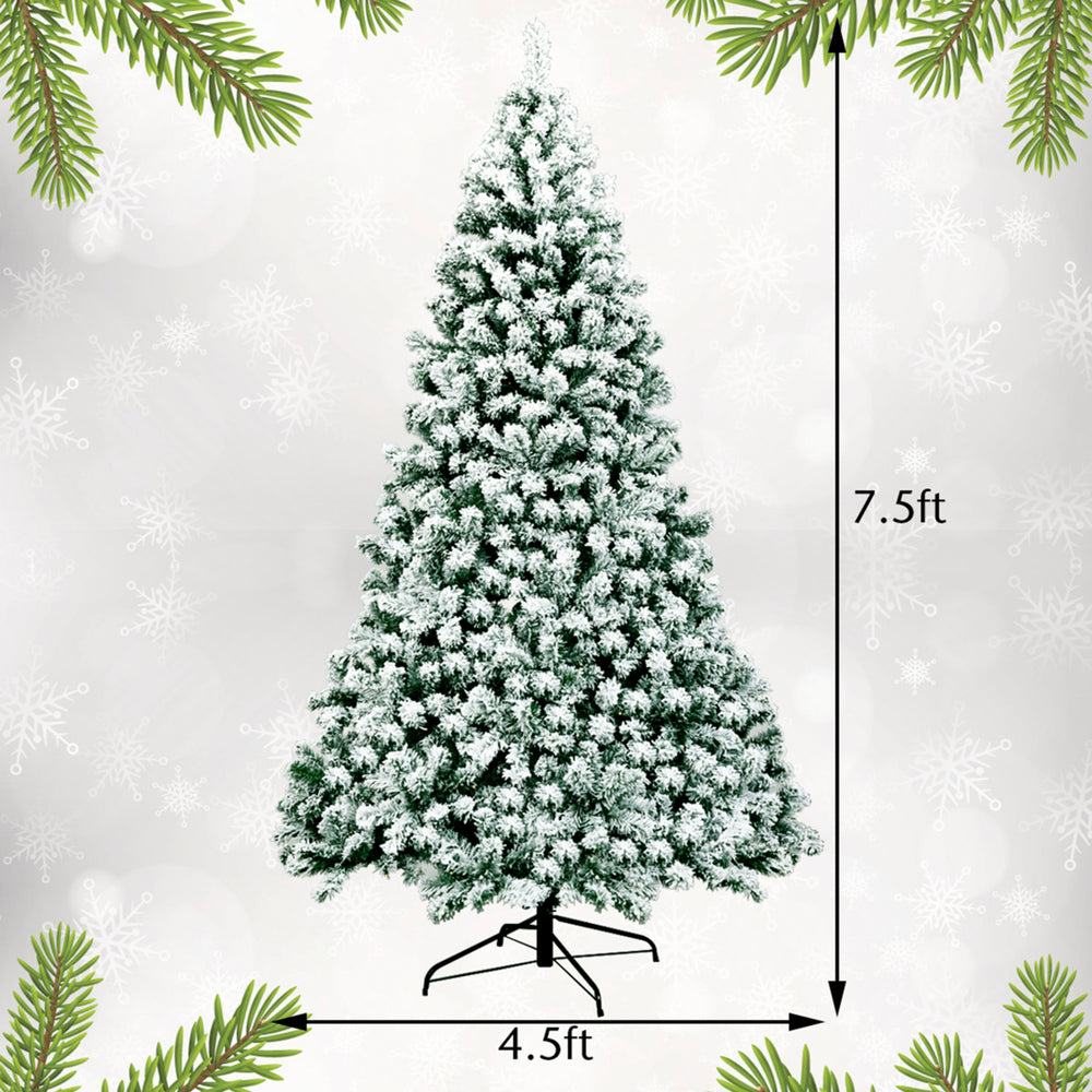 7.5ft Pre-lit Snow Flocked Christmas Tree Hinged Pine Tree Holiday Decoration Image 2