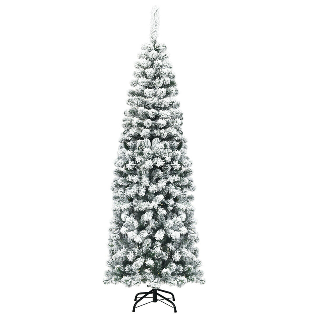 6ft Snow Flocked Pencil Christmas Tree Artificial Pine Tree w/ Metal Stand Image 6