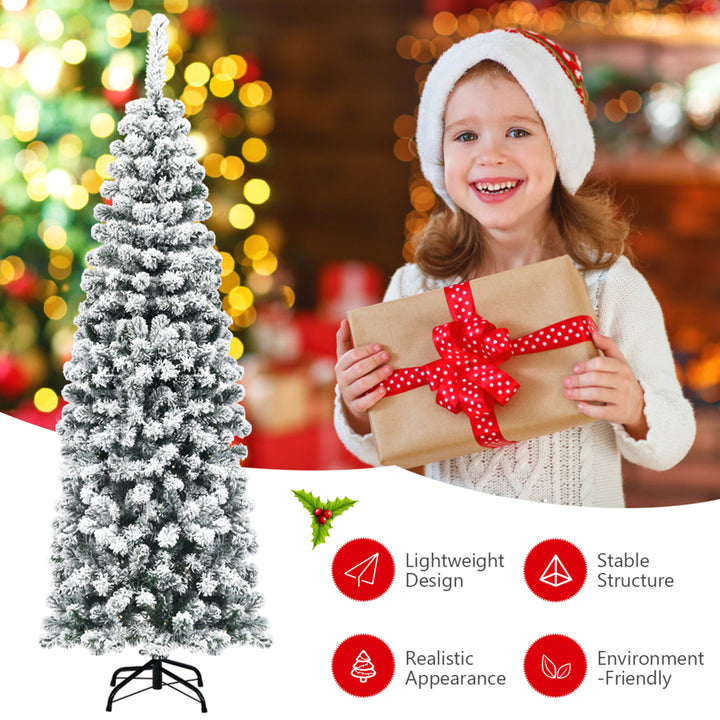 6ft Snow Flocked Pencil Christmas Tree Artificial Pine Tree w/ Metal Stand Image 8