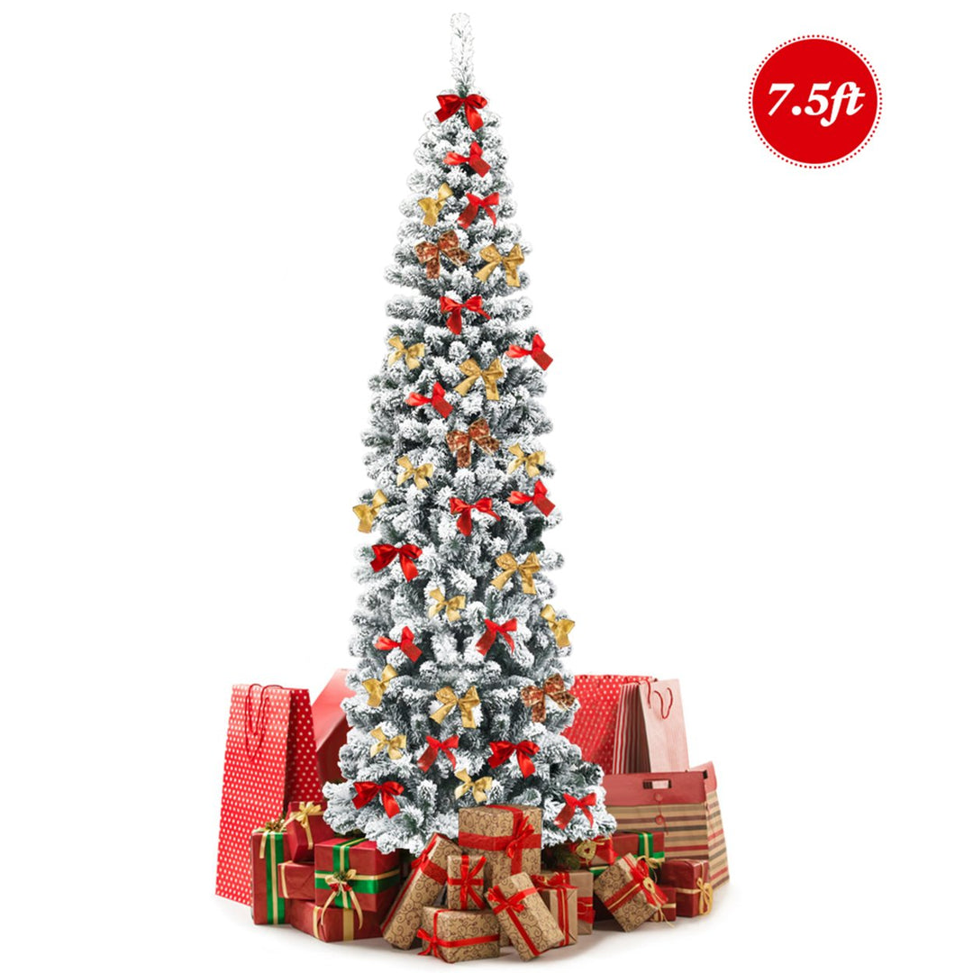 7.5ft Snow Flocked Pencil Christmas Tree Artificial Pine Tree w/ Metal Stand Image 1