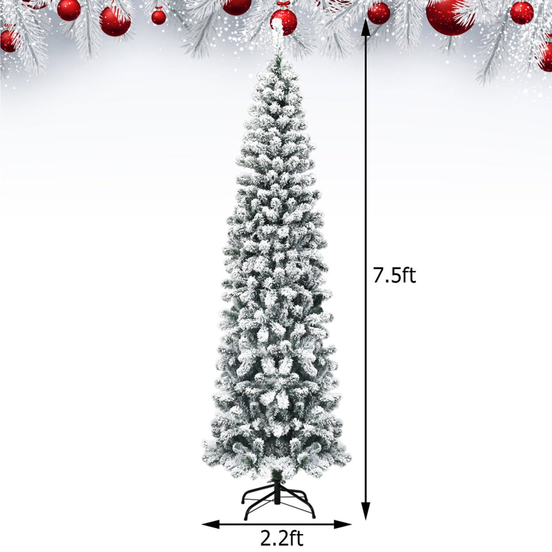 7.5ft Snow Flocked Pencil Christmas Tree Artificial Pine Tree w/ Metal Stand Image 2