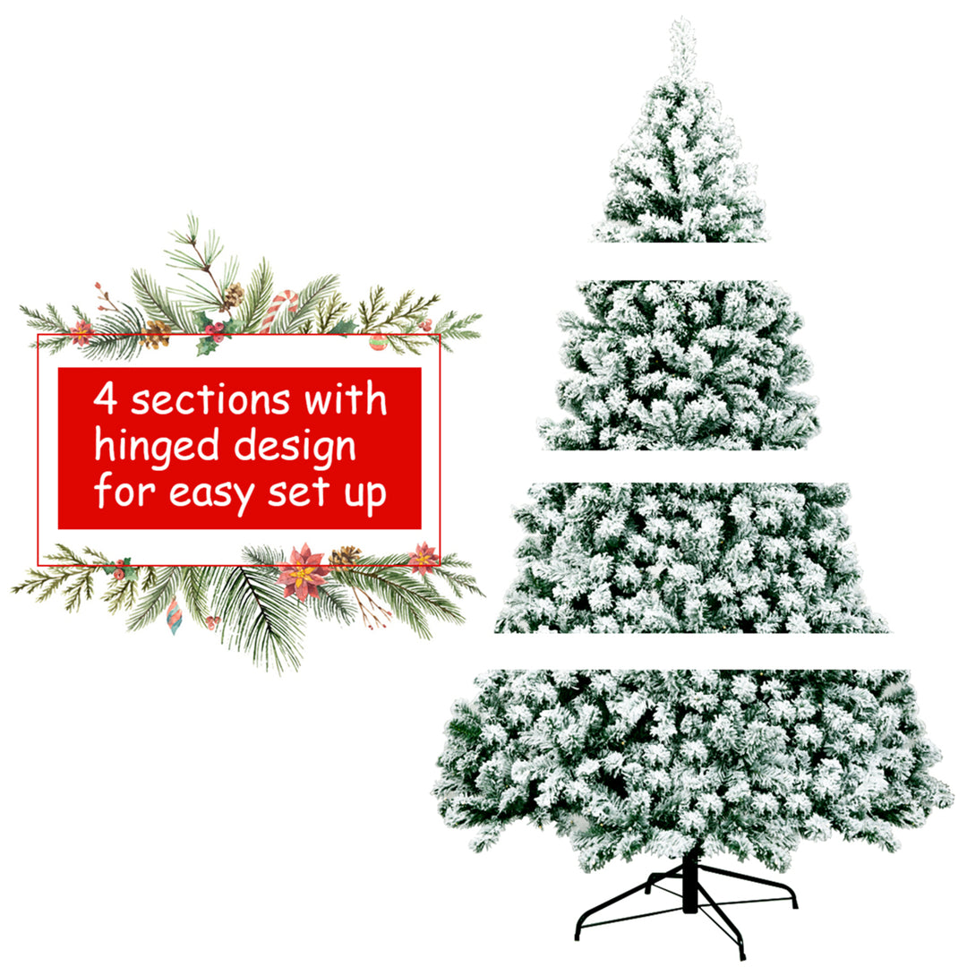 7.5ft Pre-lit Snow Flocked Christmas Tree Hinged Pine Tree Holiday Decoration Image 8