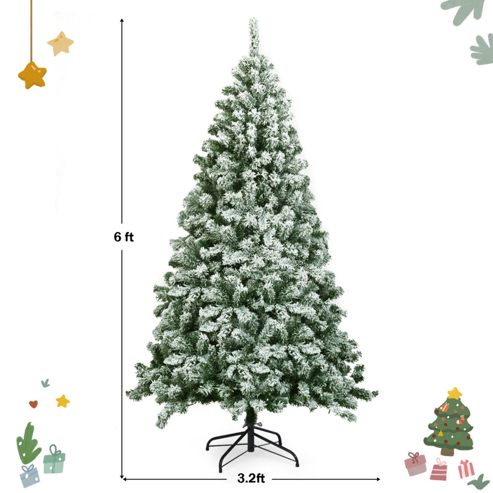 6ft Snow Flocked Christmas Tree Hinged Artificial Pine Tree w/ Metal Stand Image 2