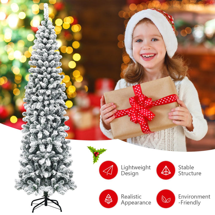 7.5ft Snow Flocked Pencil Christmas Tree Artificial Pine Tree w/ Metal Stand Image 7