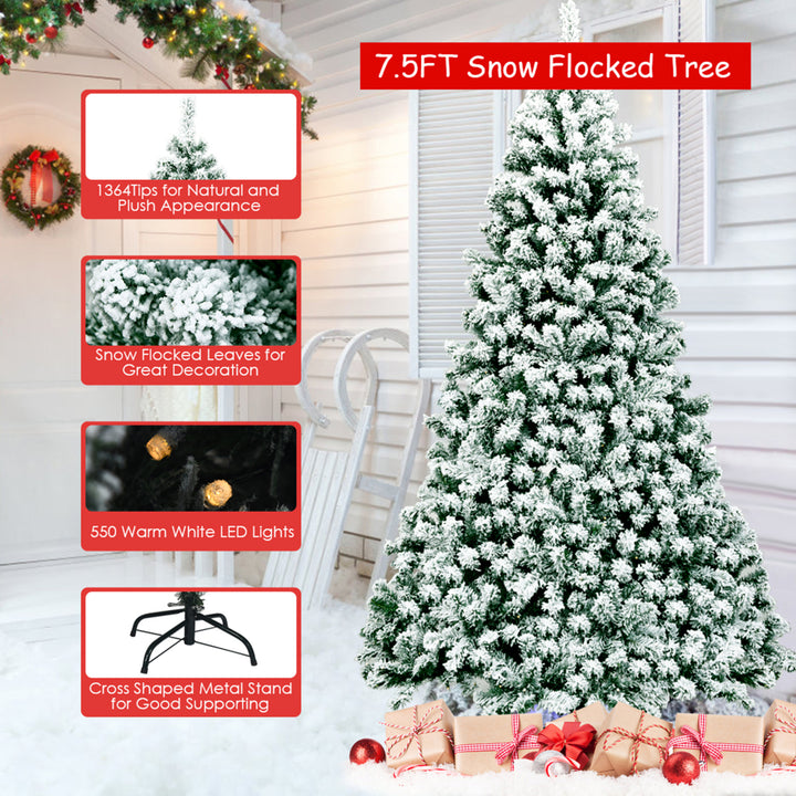 7.5ft Pre-lit Snow Flocked Christmas Tree Hinged Pine Tree Holiday Decoration Image 10