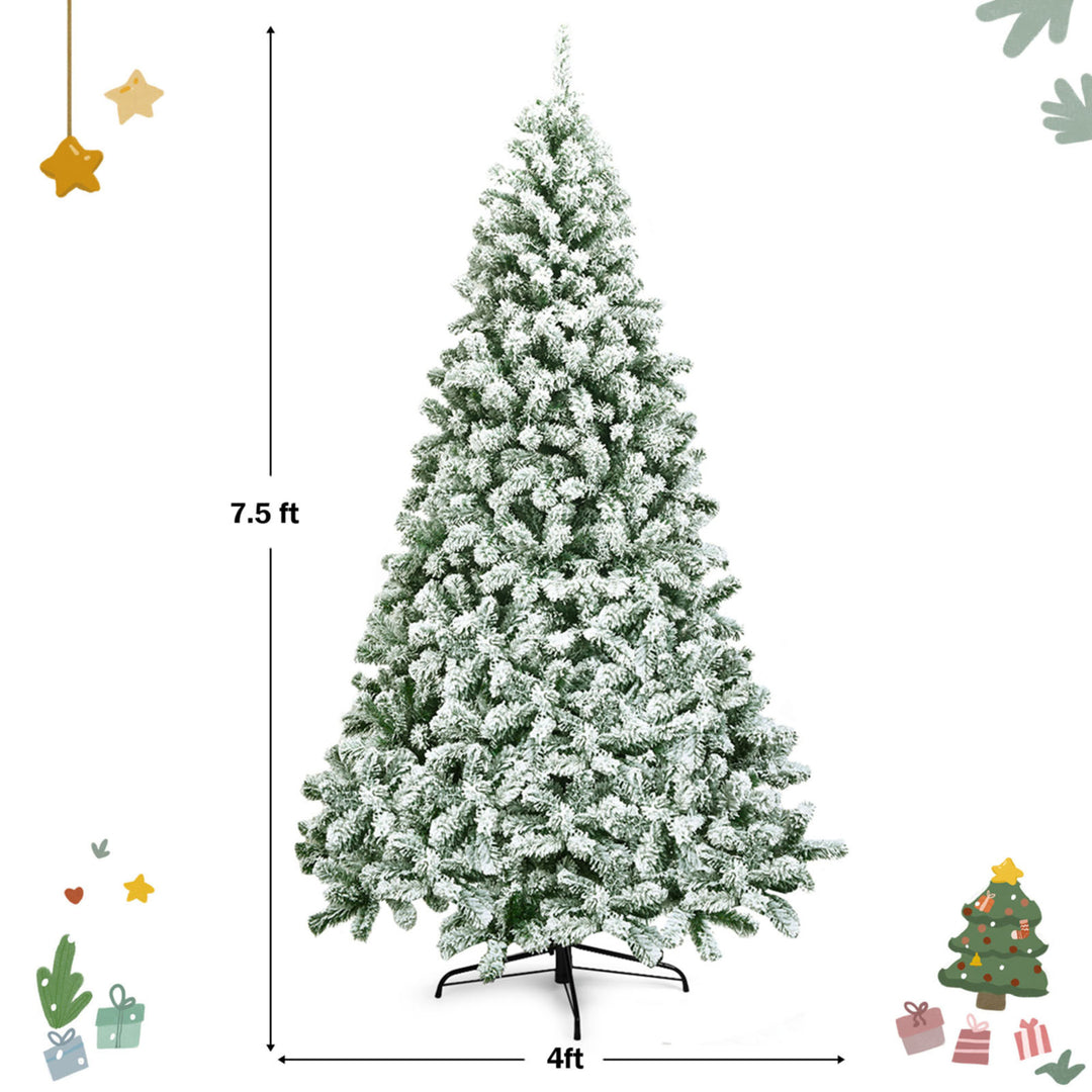 7.5ft Snow Flocked Christmas Tree Hinged Artificial Pine Tree w/ Metal Stand Image 2