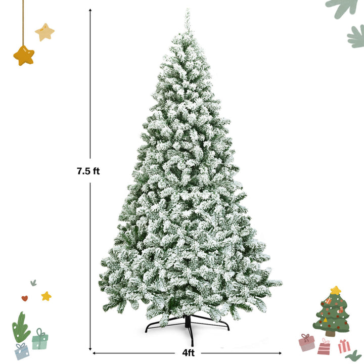 7.5ft Snow Flocked Christmas Tree Hinged Artificial Pine Tree w/ Metal Stand Image 2