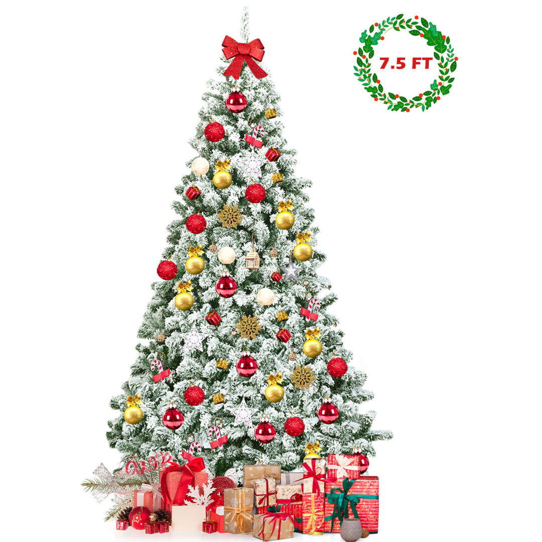 7.5ft Snow Flocked Christmas Tree Hinged Artificial Pine Tree w/ Metal Stand Image 5