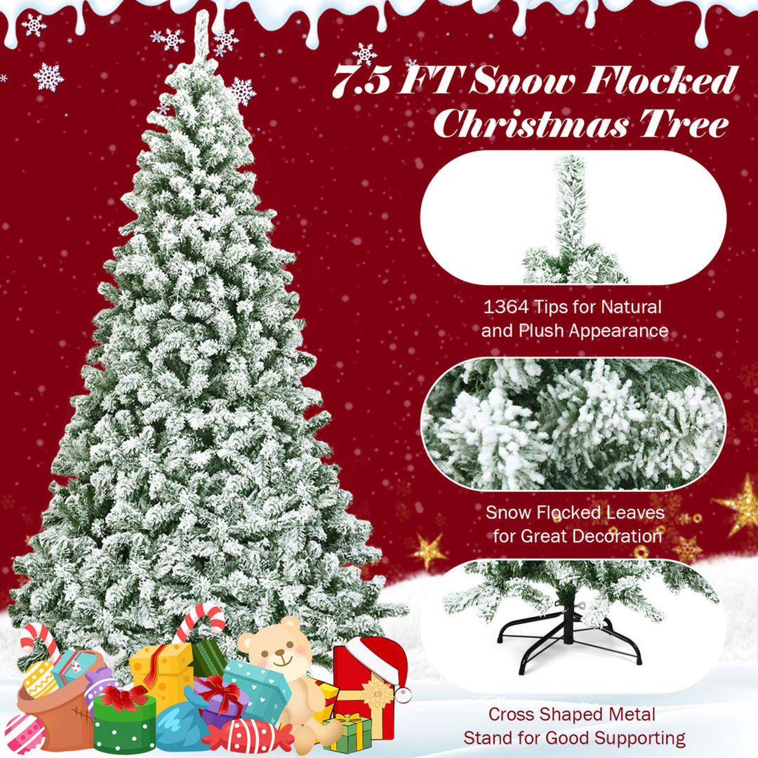 7.5ft Snow Flocked Christmas Tree Hinged Artificial Pine Tree w/ Metal Stand Image 10