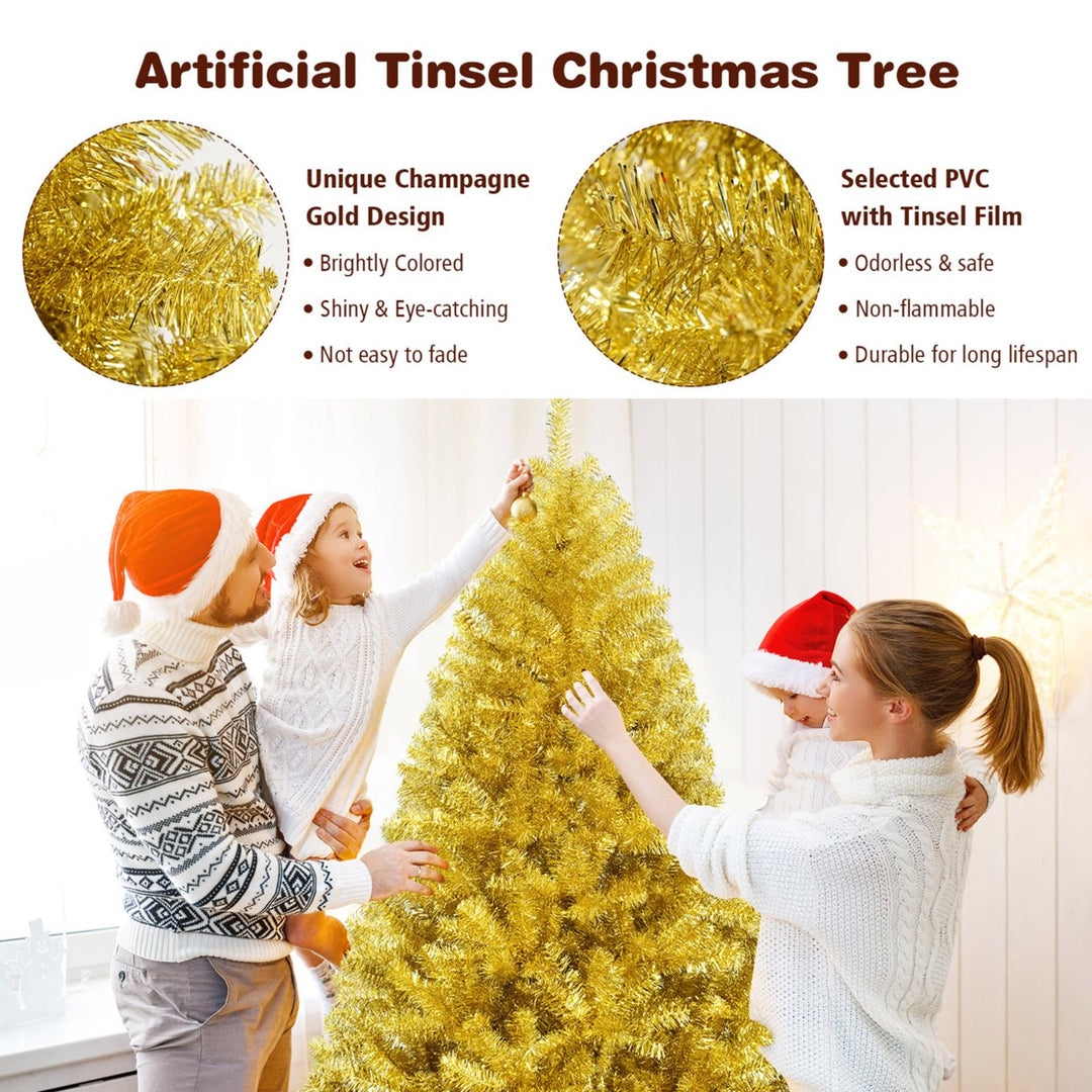 7.5FT Tinsel Christmas Tree Artificial Hinged w/ Metal Stand Champagne Gold Image 9