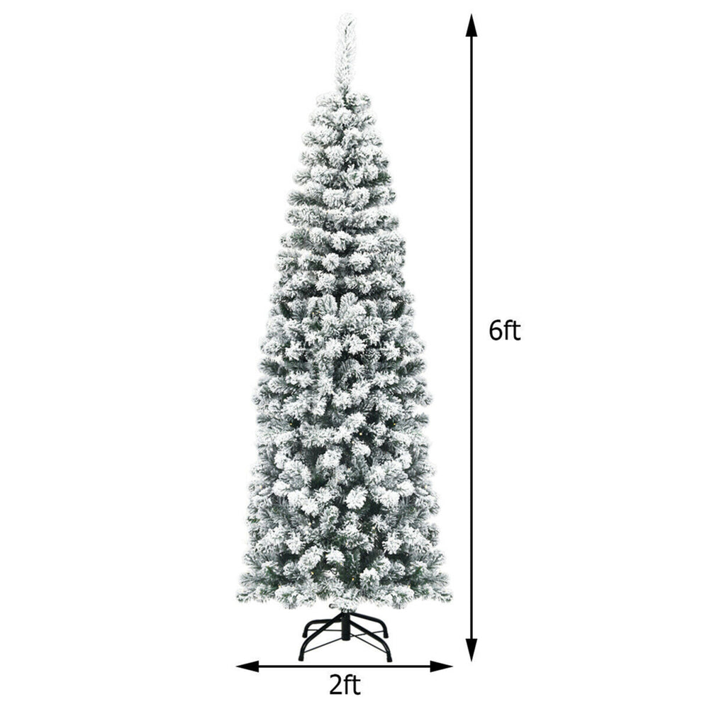 6ft Pre-lit Pencil Snow Flocked Pencil Christmas Tree Holiday Decoration Image 2