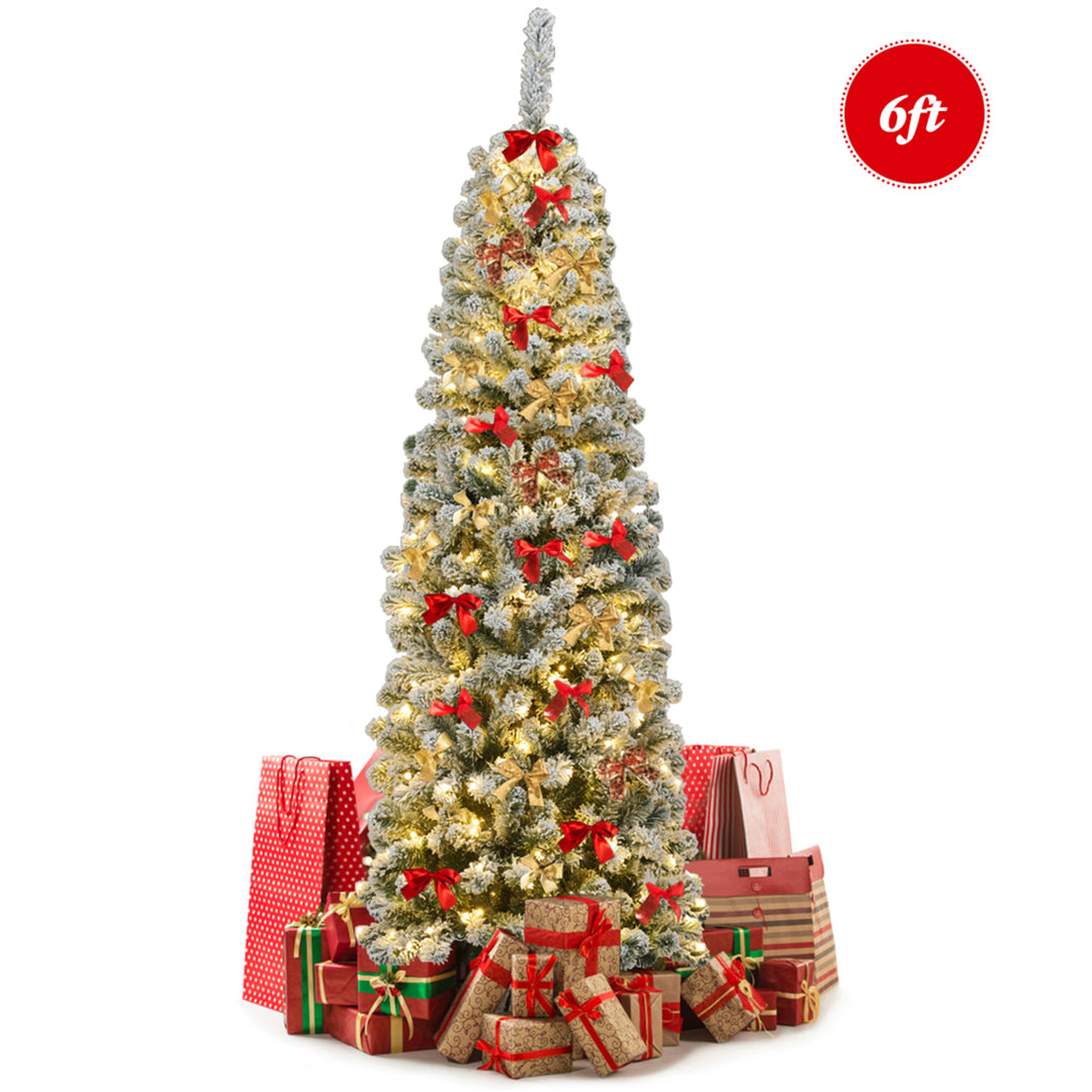 6ft Pre-lit Pencil Snow Flocked Pencil Christmas Tree Holiday Decoration Image 4