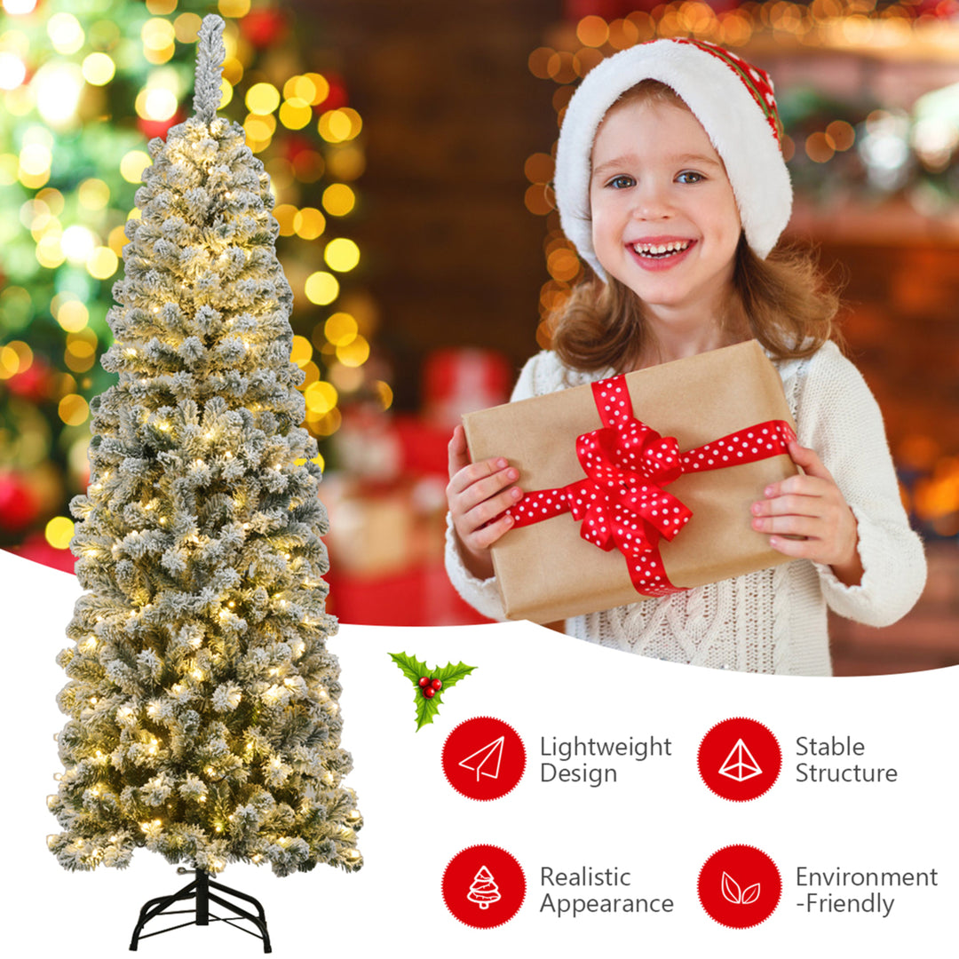 6ft Pre-lit Pencil Snow Flocked Pencil Christmas Tree Holiday Decoration Image 5