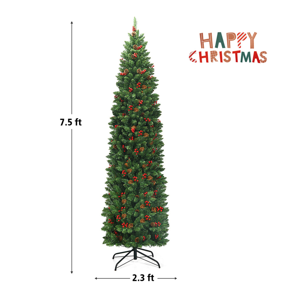 7.5Ft Pre-Lit Pencil Christmas Tree Hinged Artificial Slim Tree w/ LED Lights Image 2