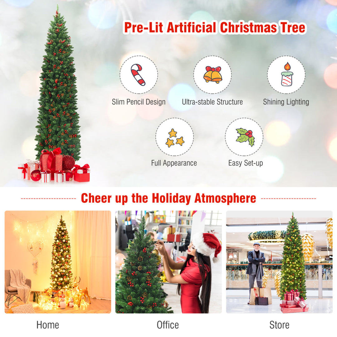 7.5Ft Pre-Lit Pencil Christmas Tree Hinged Artificial Slim Tree w/ LED Lights Image 6