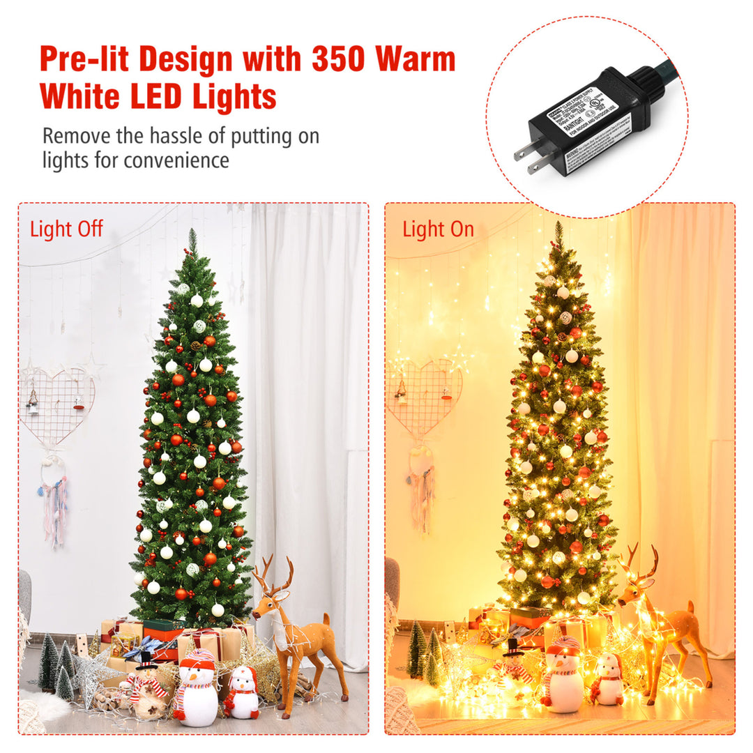 7.5Ft Pre-Lit Pencil Christmas Tree Hinged Artificial Slim Tree w/ LED Lights Image 7