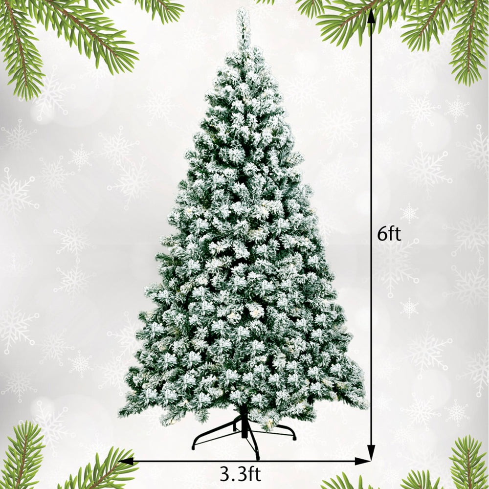 6ft Pre-lit Snow Flocked Christmas Tree Hinged Pine Tree Holiday Decoration Image 2