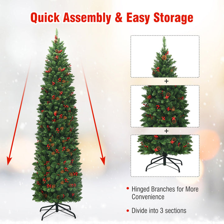 7.5Ft Pre-Lit Pencil Christmas Tree Hinged Artificial Slim Tree w/ LED Lights Image 8