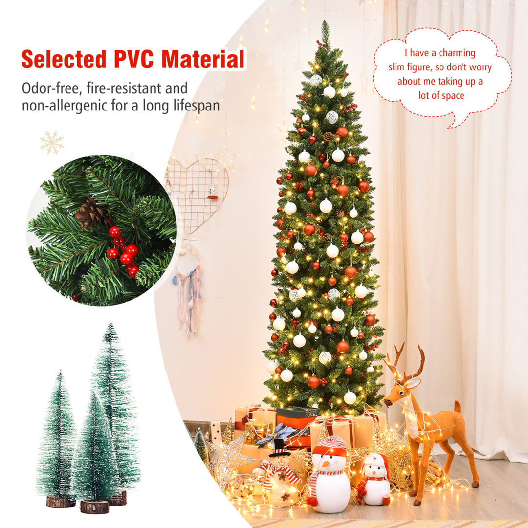 7.5Ft Pre-Lit Pencil Christmas Tree Hinged Artificial Slim Tree w/ LED Lights Image 9