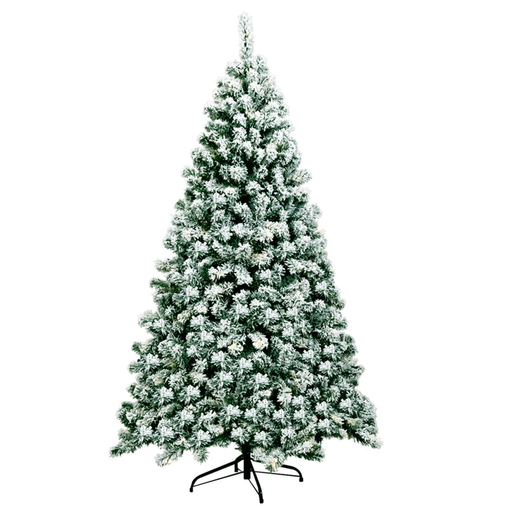 6ft Pre-lit Snow Flocked Christmas Tree Hinged Pine Tree Holiday Decoration Image 5