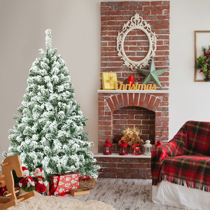 4.5ft Snow Flocked Christmas Tree Hinged Artificial Pine Tree w/ Metal Stand Image 1