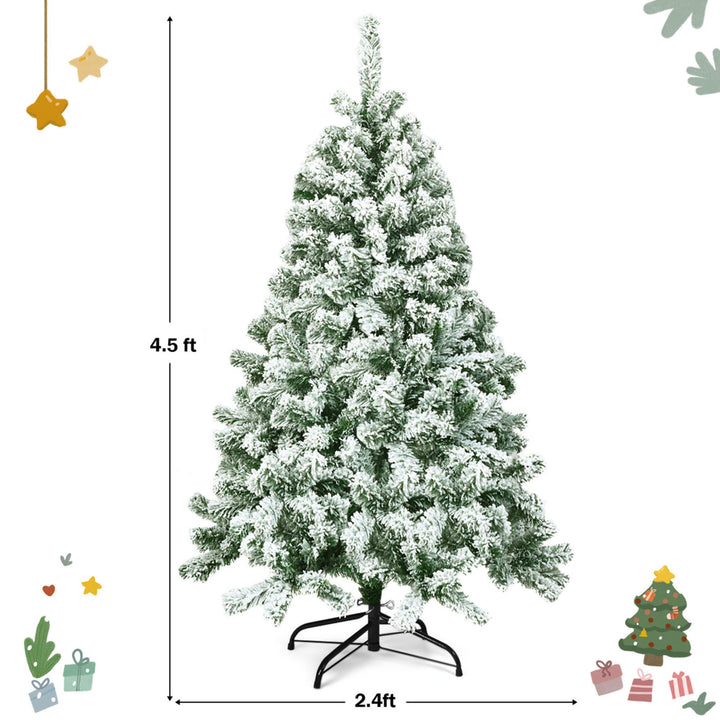 4.5ft Snow Flocked Christmas Tree Hinged Artificial Pine Tree w/ Metal Stand Image 2