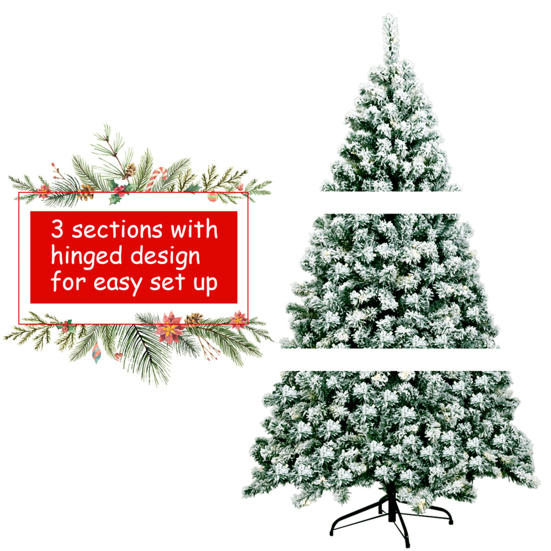 6ft Pre-lit Snow Flocked Christmas Tree Hinged Pine Tree Holiday Decoration Image 8